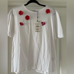 Zara White Tee with Red Floral Accents